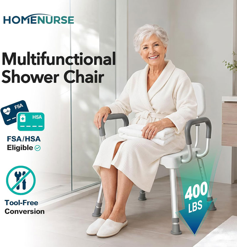 HOMENURSE Shower Chair for Inside Shower, 400 lbs, Wider Seat, Lightweight | 9-Level Height Adjustment, 2.55" Wider Suction Cups, Non-Slip, Tool-Free Conversion, for Seniors Disabled and Recovery
