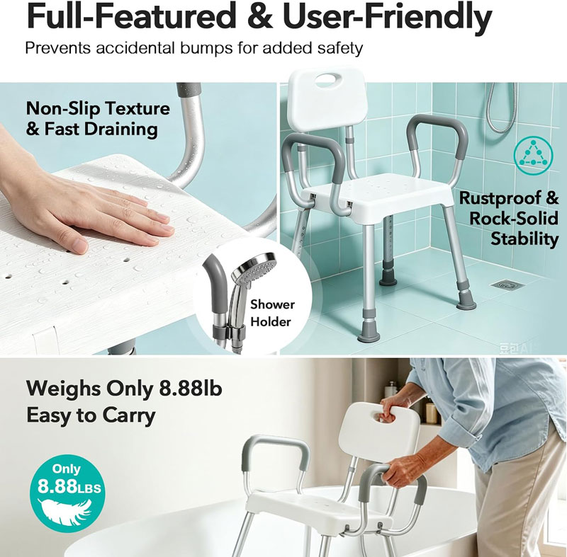 HOMENURSE Shower Chair for Inside Shower, 400 lbs, Wider Seat, Lightweight | 9-Level Height Adjustment, 2.55" Wider Suction Cups, Non-Slip, Tool-Free Conversion, for Seniors Disabled and Recovery