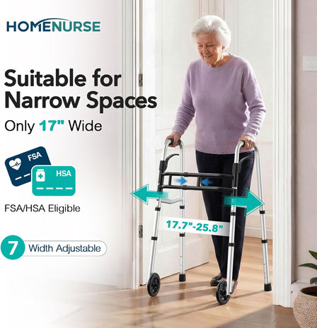 Folding Walkers for Seniors with Skis, Width & Height Adjustable