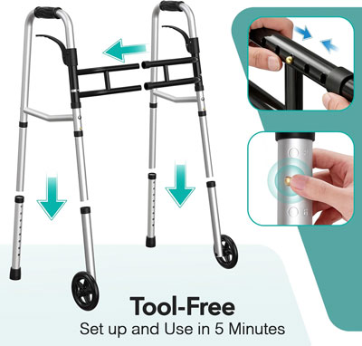 Folding Walkers for Seniors with Skis, Width & Height Adjustable