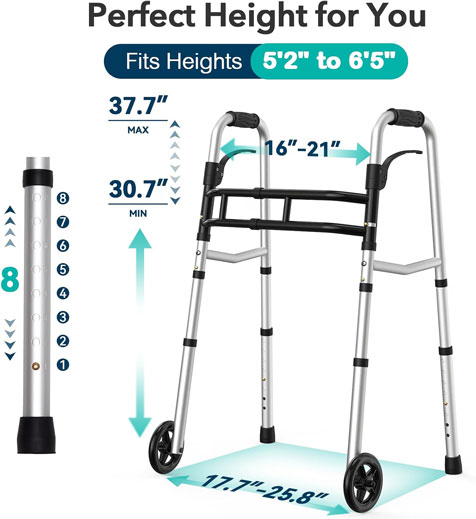 Folding Walkers for Seniors with Skis, Width & Height Adjustable