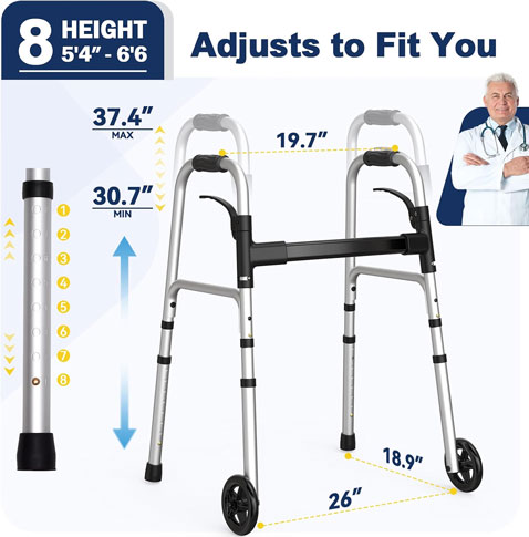 Folding Walker with 2 Precut Tennis Balls and 5" Wheels 350 lbs