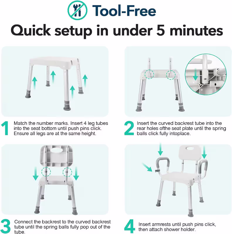 HOMENURSE Shower Chair for Inside Shower, 400 lbs, Wider Seat, Lightweight | 9-Level Height Adjustment, 2.55" Wider Suction Cups, Non-Slip, Tool-Free Conversion, for Seniors Disabled and Recovery