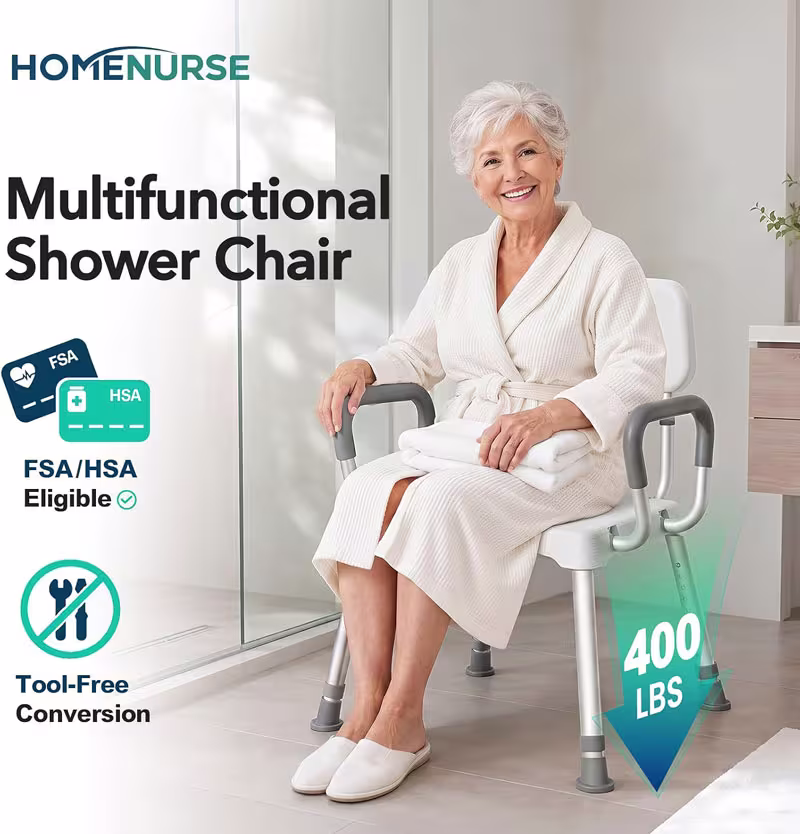 HOMENURSE Shower Chair for Inside Shower, 400 lbs, Wider Seat, Lightweight | 9-Level Height Adjustment, 2.55" Wider Suction Cups, Non-Slip, Tool-Free Conversion, for Seniors Disabled and Recovery