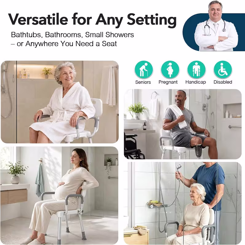 HOMENURSE Shower Chair for Inside Shower, 400 lbs, Wider Seat, Lightweight | 9-Level Height Adjustment, 2.55" Wider Suction Cups, Non-Slip, Tool-Free Conversion, for Seniors Disabled and Recovery