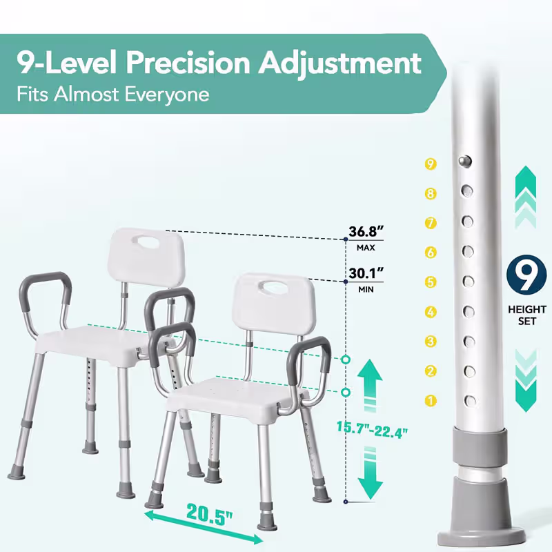HOMENURSE Shower Chair for Inside Shower, 400 lbs, Wider Seat, Lightweight | 9-Level Height Adjustment, 2.55" Wider Suction Cups, Non-Slip, Tool-Free Conversion, for Seniors Disabled and Recovery